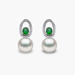 Ophelia 18K Gold South Sea Pearl Oval Cut Emerald Diamond Earrings