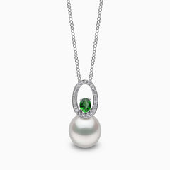 Ophelia 18K Gold South Sea Pearl Oval Cut Emerald Diamond Necklace